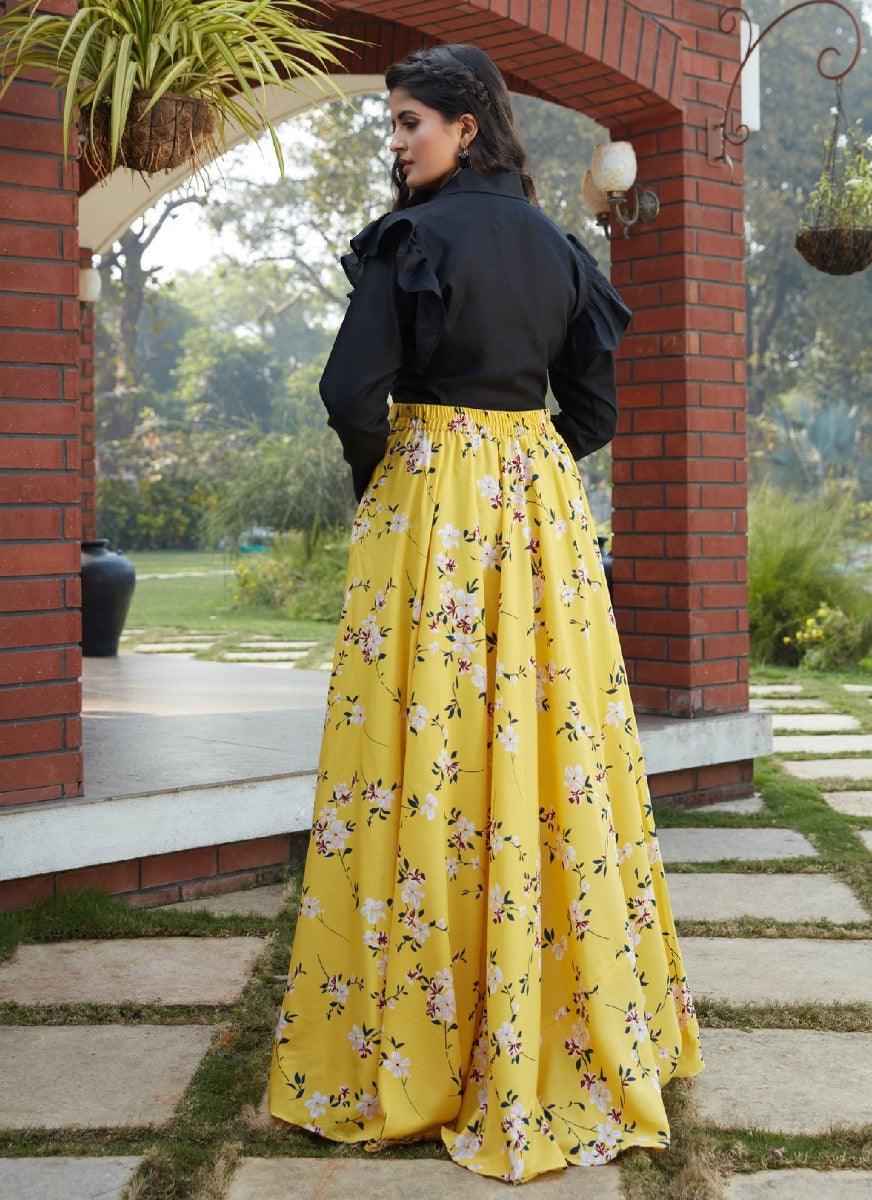 Yellow Color Digital Print Flared Lehenga Choli With Black Top