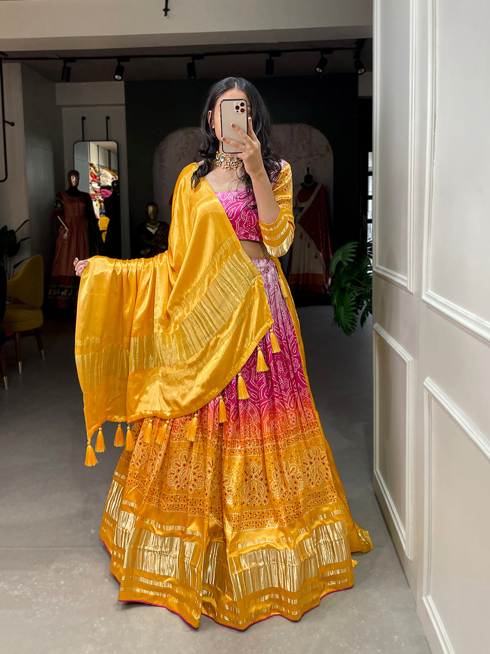 Yellow Color Bandhej Printed Gaji Silk Haldi Rasam Chaniya Choli