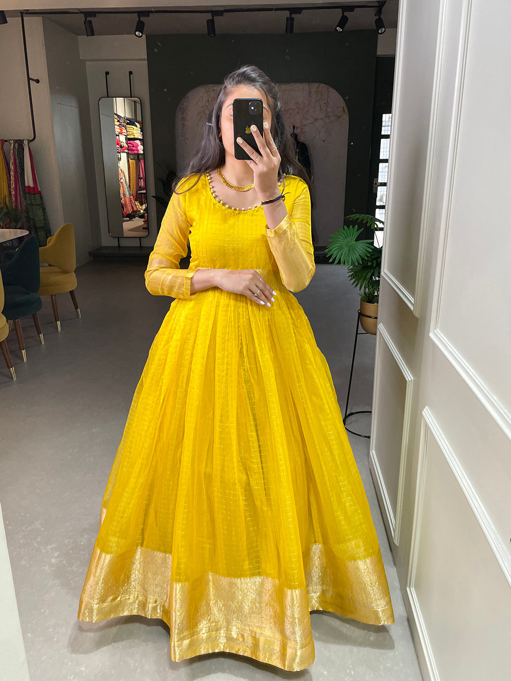 Yellow Color Zari Weaving Work Organza Chex Gown