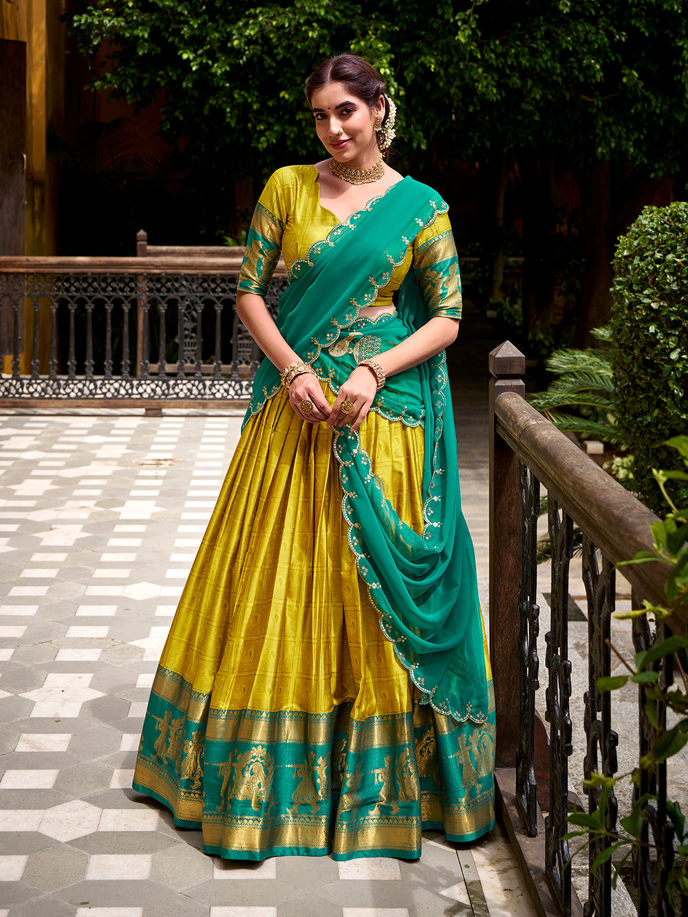Yellow poly cotton lehenga choli with zari weaving embroidered georgette dupatta