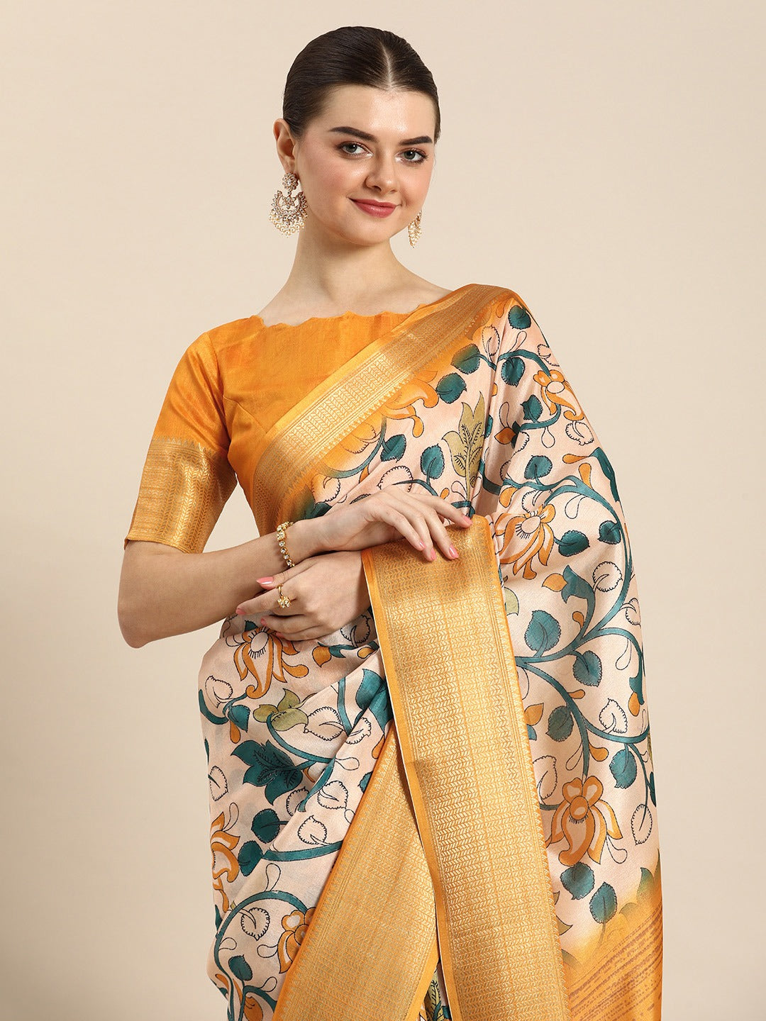 Yellow Color Printed With Zari Border Dola Silk Saree