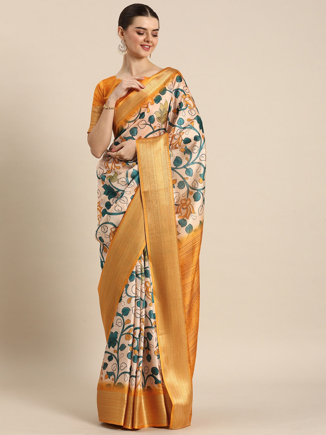 Yellow Color Printed With Zari Border Dola Silk Saree
