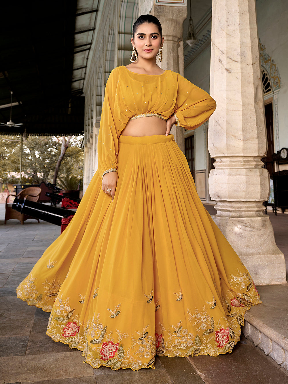 Mustard georgette co ord lehenga choli set with stitched blouse