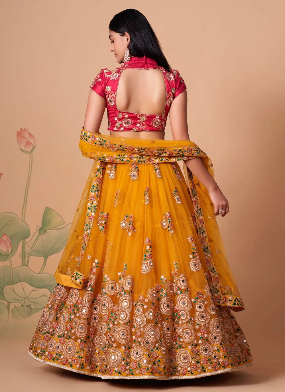 Yellow color soft net traditional indian wedding lehenga