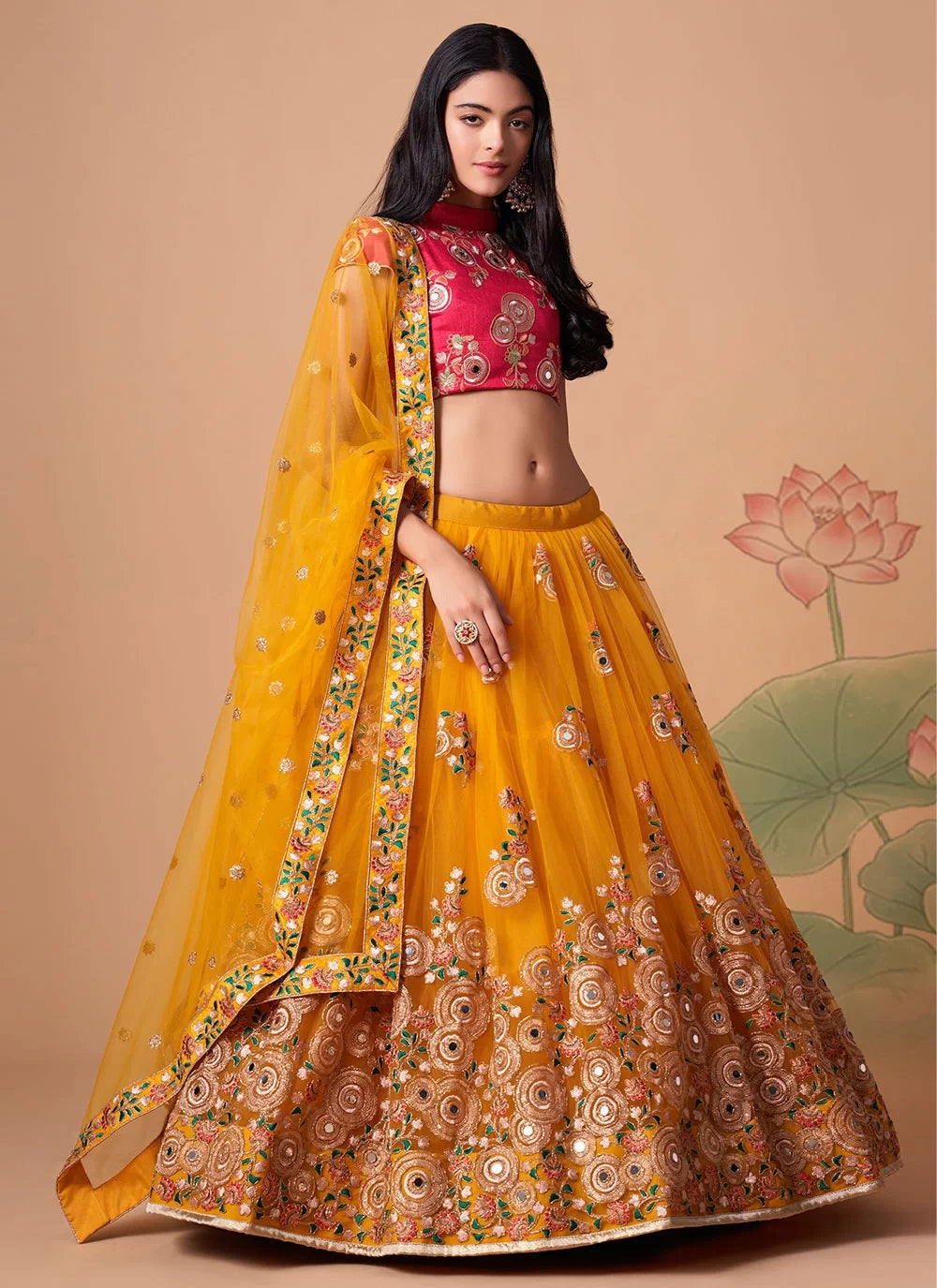 Yellow color soft net traditional indian wedding lehenga