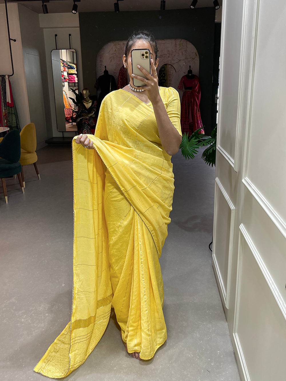 Yellow Color Sequins And Zari Work Viscose Chanderi Saree