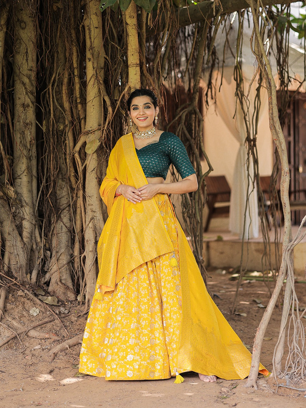 Yellow Color Weaving work Jacquard Lehenga Choli