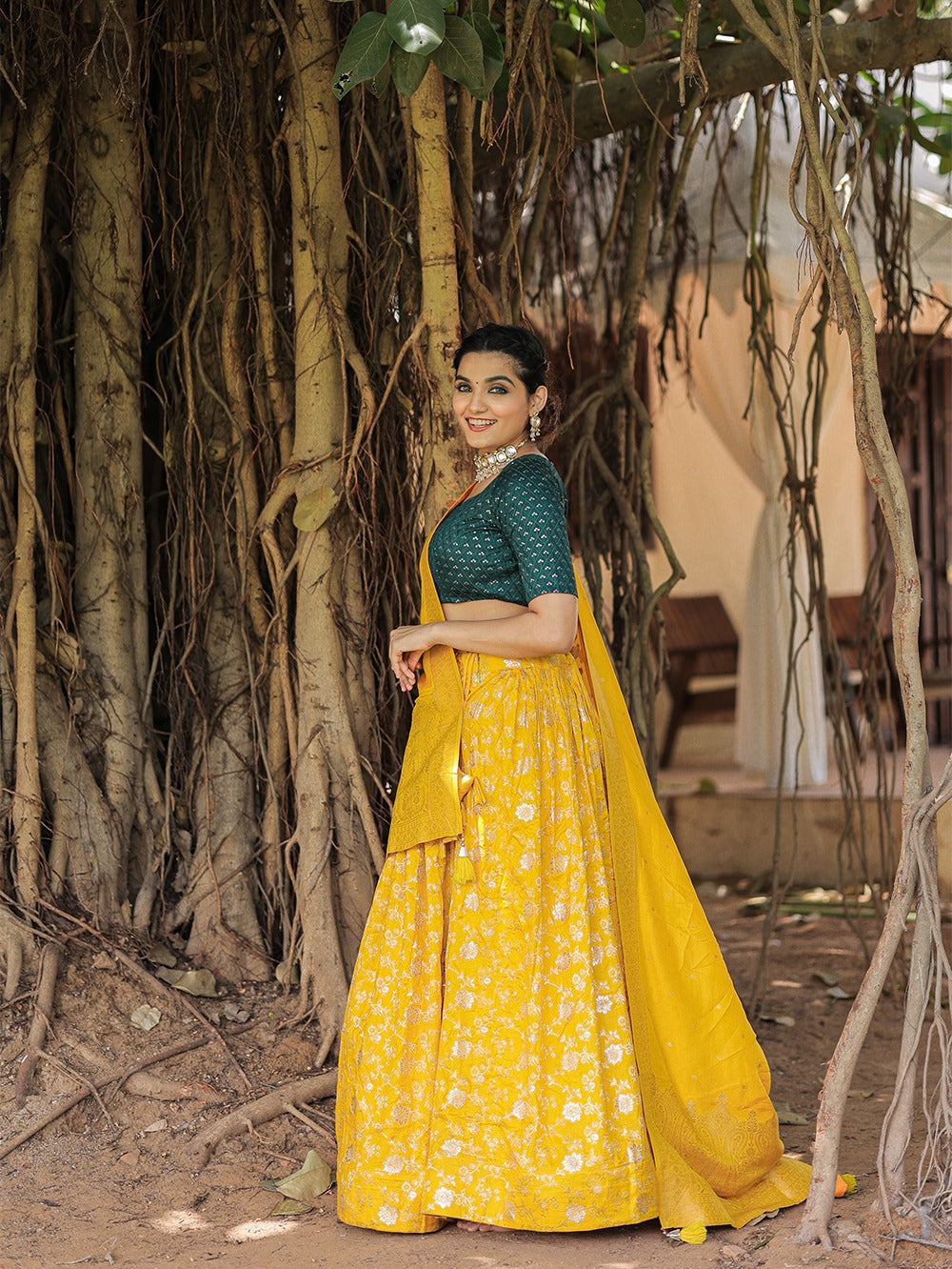 Yellow Color Weaving work Jacquard Lehenga Choli