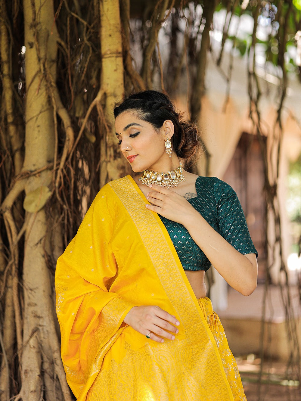 Yellow Color Weaving work Jacquard Lehenga Choli