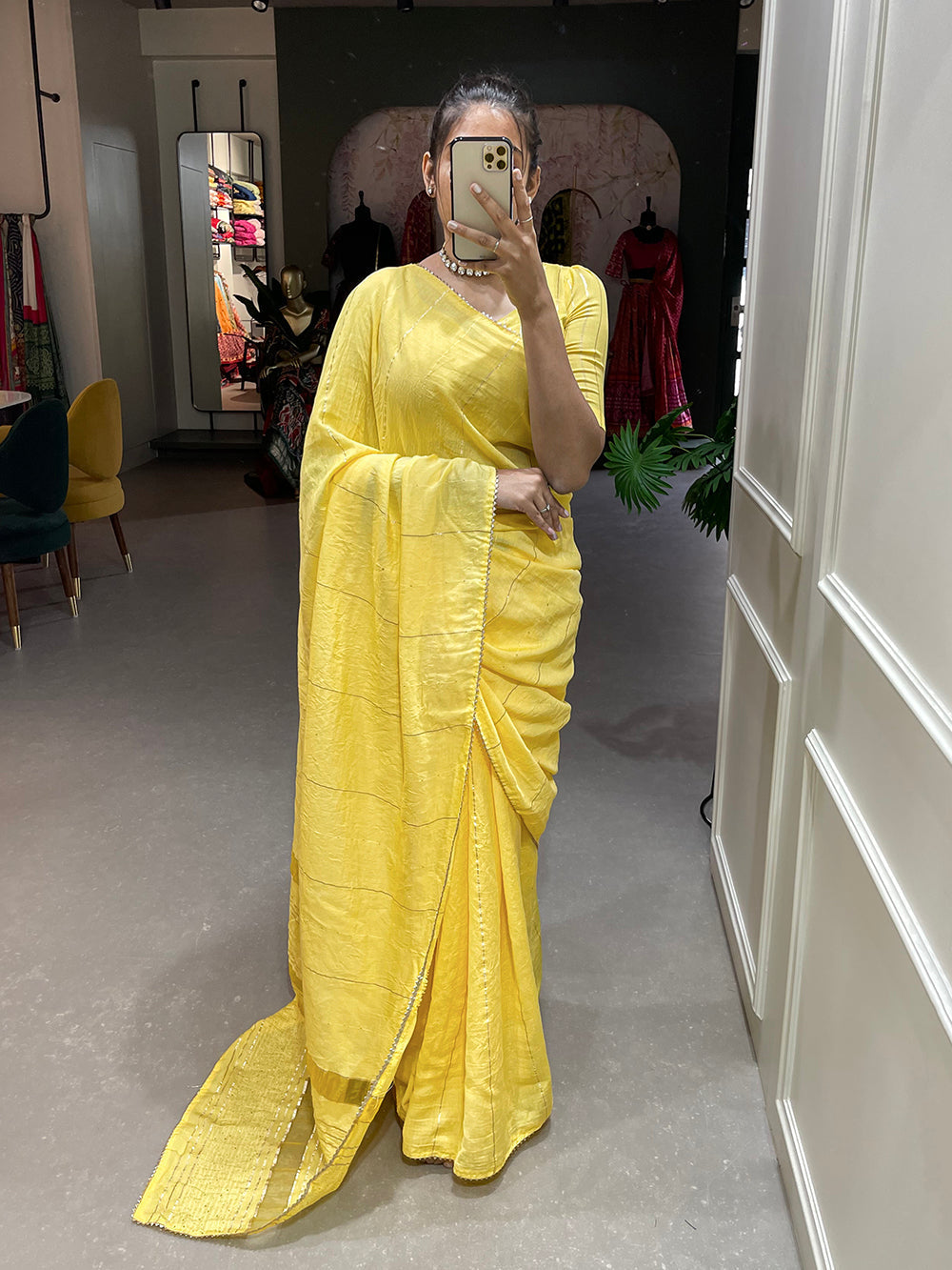 Yellow Color Sequins And Zari Work Viscose Chanderi Saree