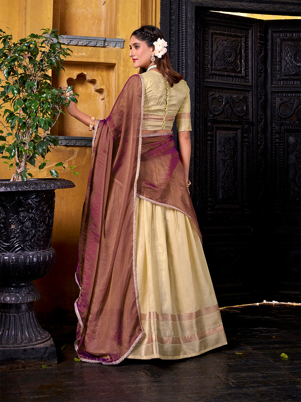 Yellow dupion silk lehenga choli with zari weaving border shimmer lace dupatta
