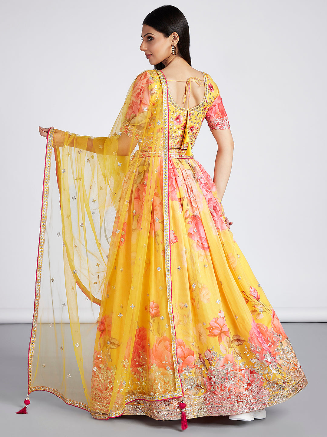 Yellow colour Organza Floral design digital print Semi-Stitched Lehenga choli & Dupatta
