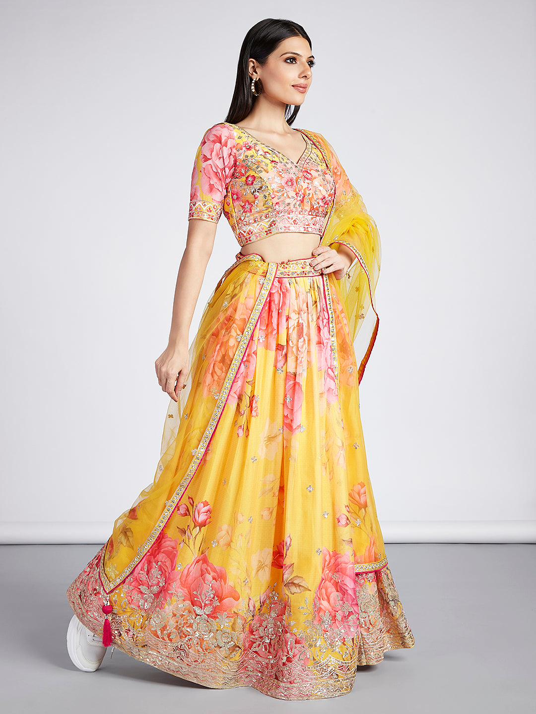 Yellow colour Organza Floral design digital print Semi-Stitched Lehenga choli & Dupatta