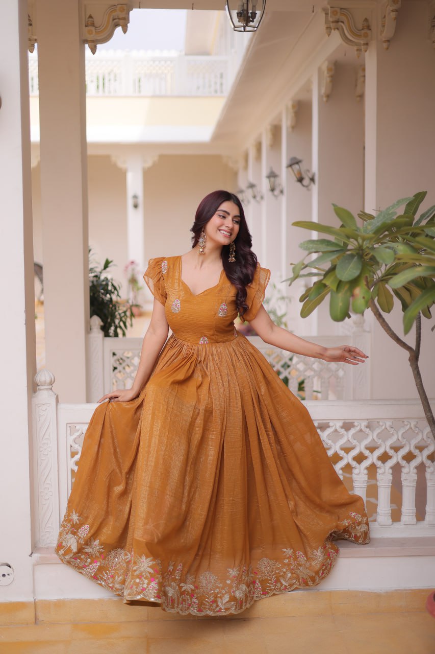 Yellow Crunchy Gown Double Frill Sleeves