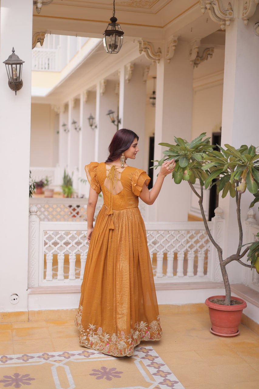 Yellow Crunchy Gown Double Frill Sleeves