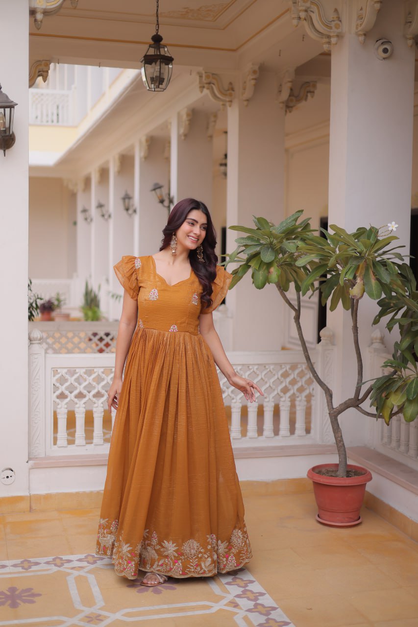 Yellow Crunchy Gown Double Frill Sleeves