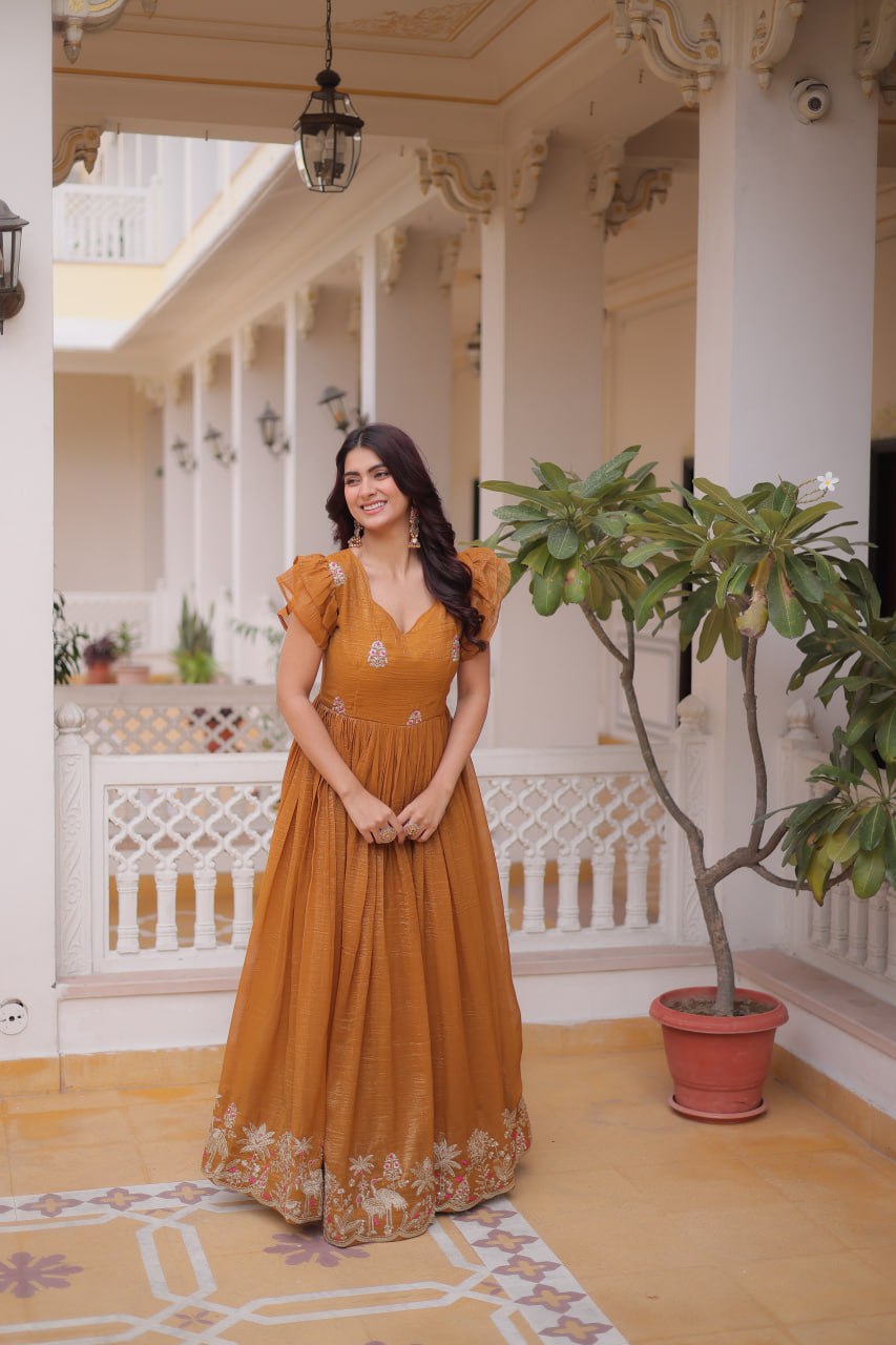 Yellow Crunchy Gown Double Frill Sleeves