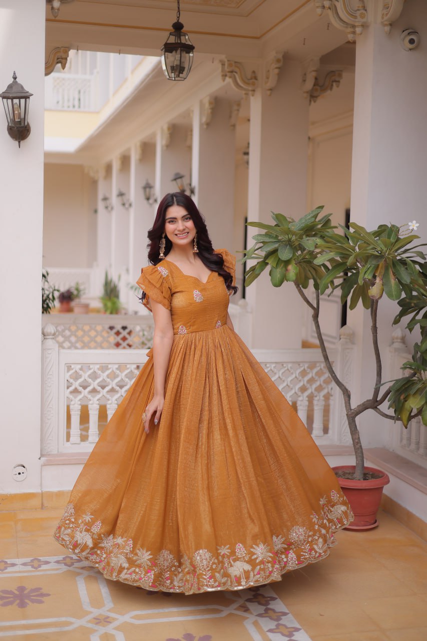 Yellow Crunchy Gown Double Frill Sleeves