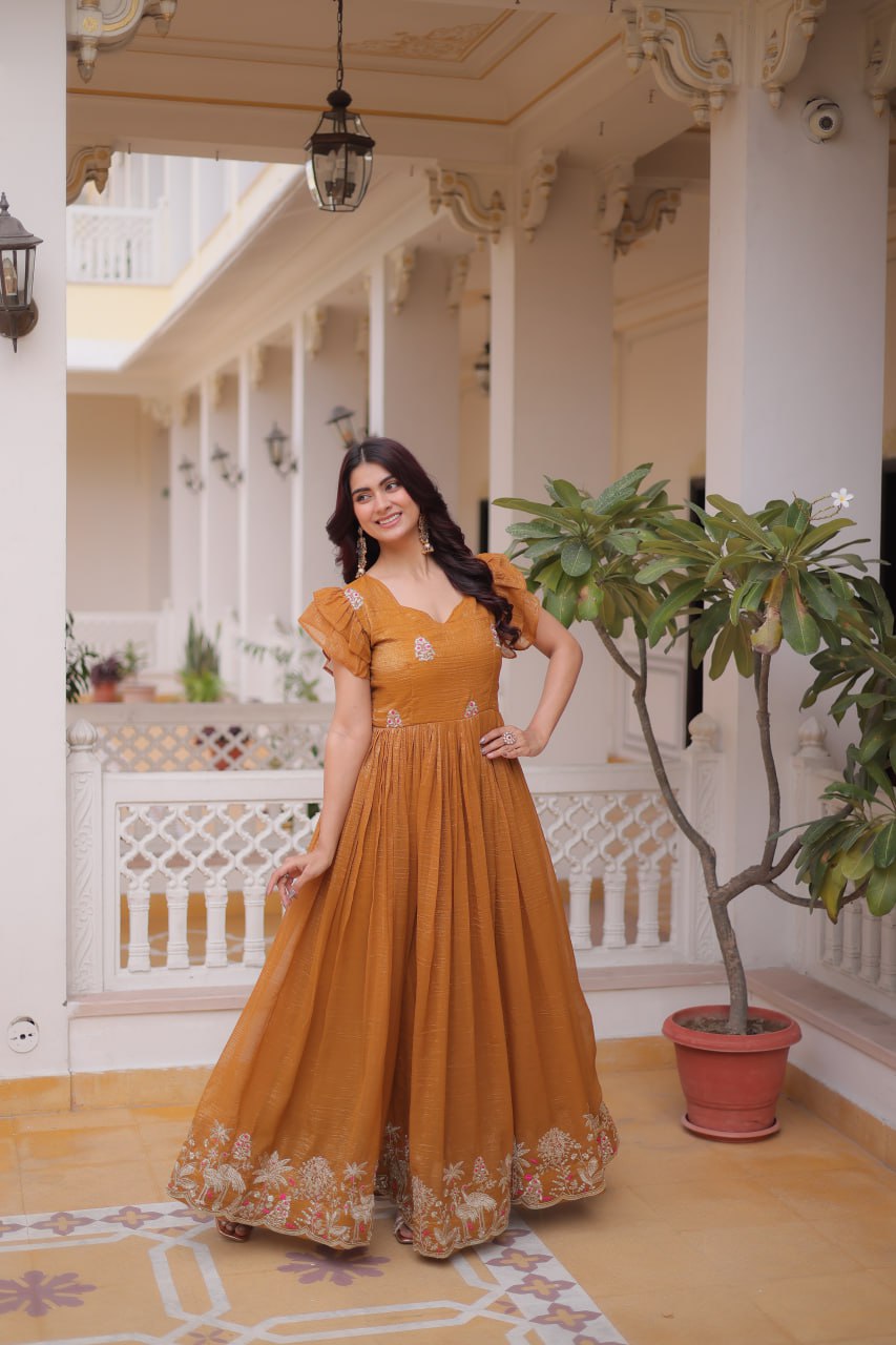 Yellow Crunchy Gown Double Frill Sleeves
