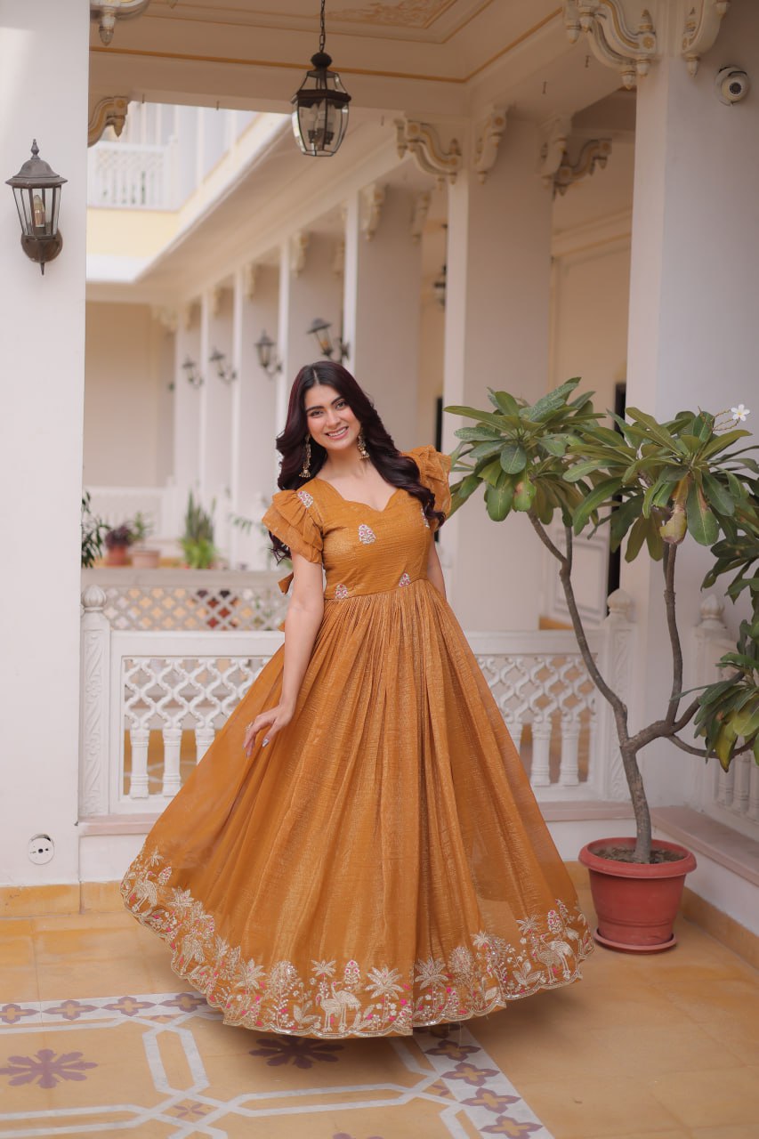Yellow Crunchy Gown Double Frill Sleeves