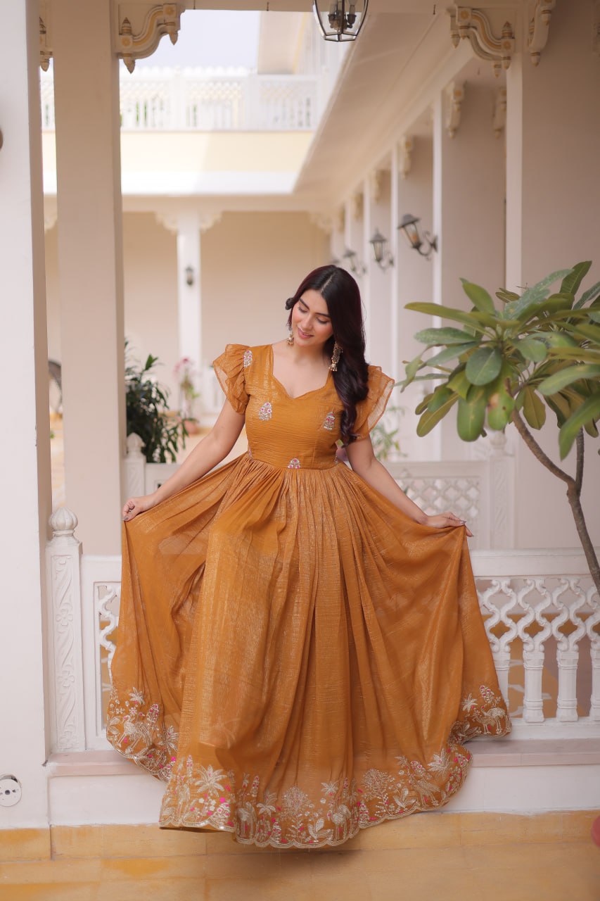 Yellow Crunchy Gown Double Frill Sleeves