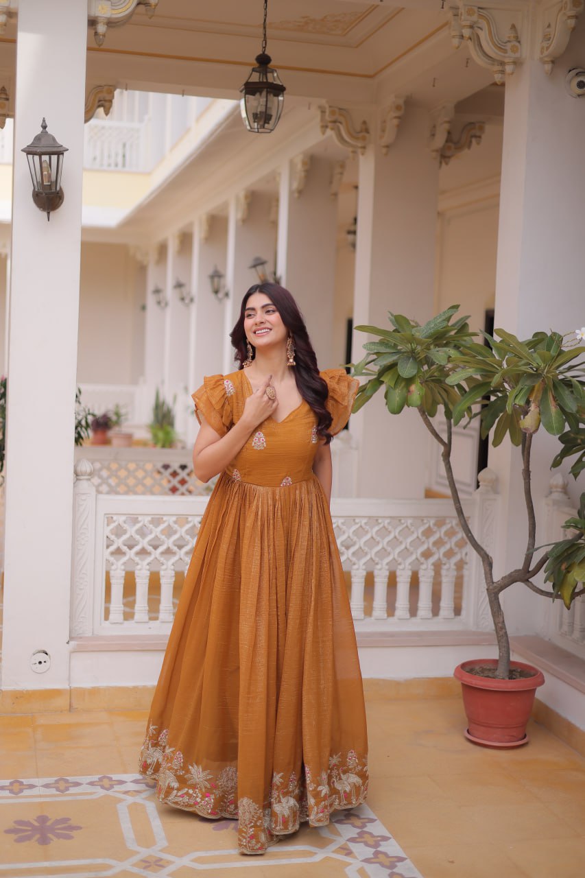 Yellow Crunchy Gown Double Frill Sleeves