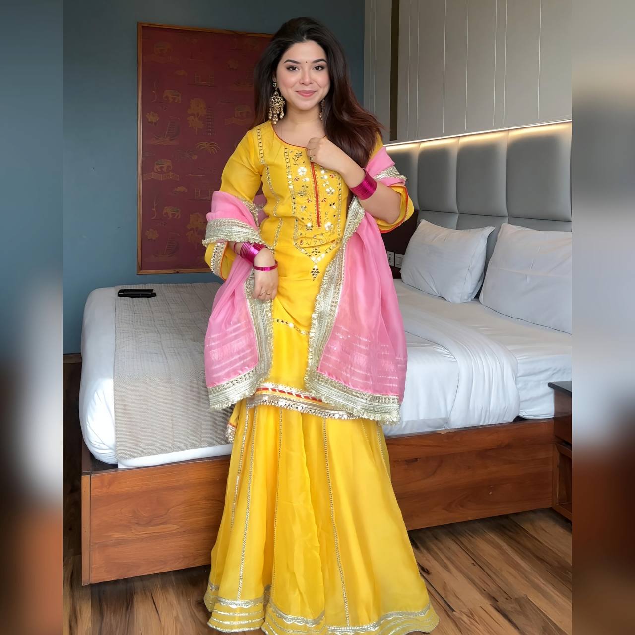Yellow Designer Chinon Silk Sharara Suit with Heavy Sequins & Zari Embroidery, Dupatta