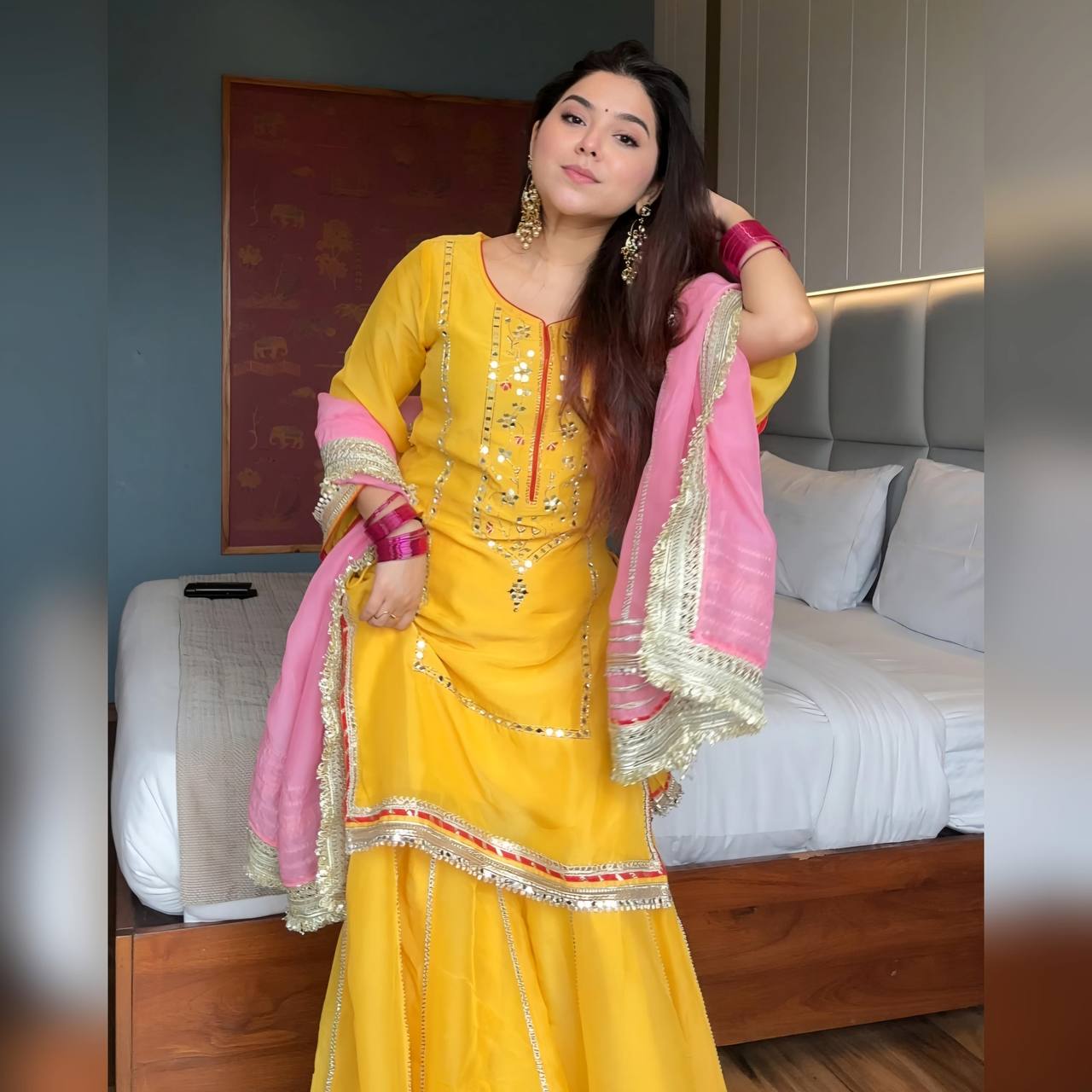 Yellow Designer Chinon Silk Sharara Suit with Heavy Sequins & Zari Embroidery, Dupatta