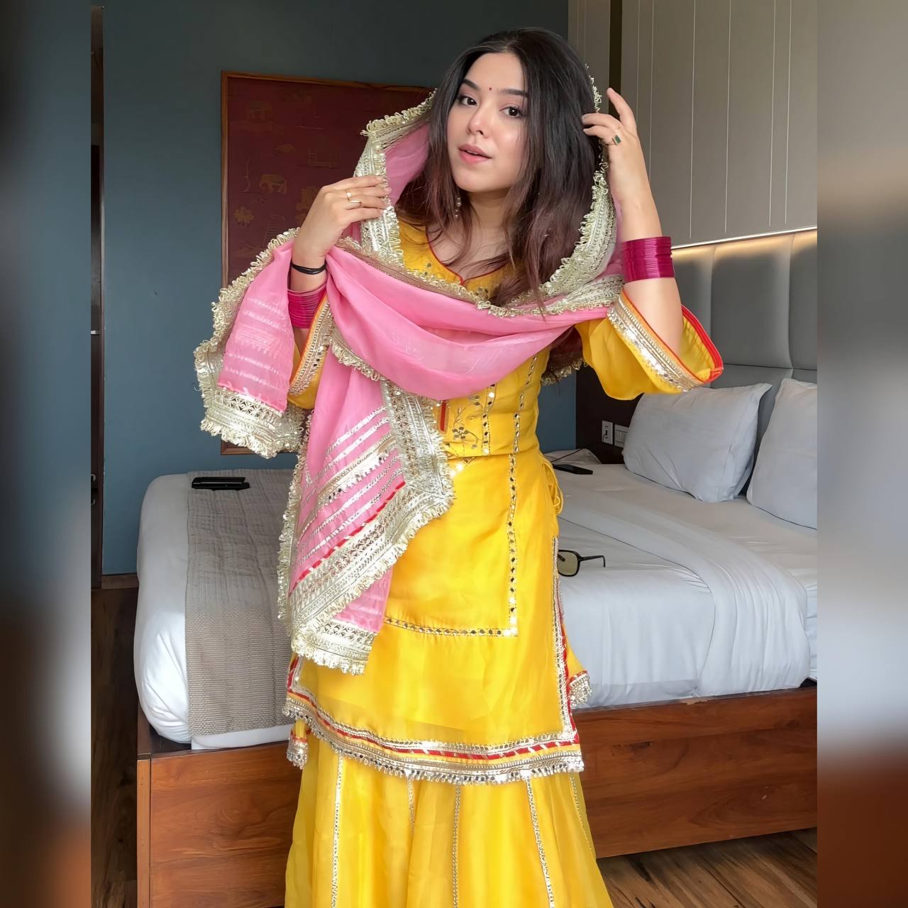 Yellow Designer Chinon Silk Sharara Suit with Heavy Sequins & Zari Embroidery, Dupatta