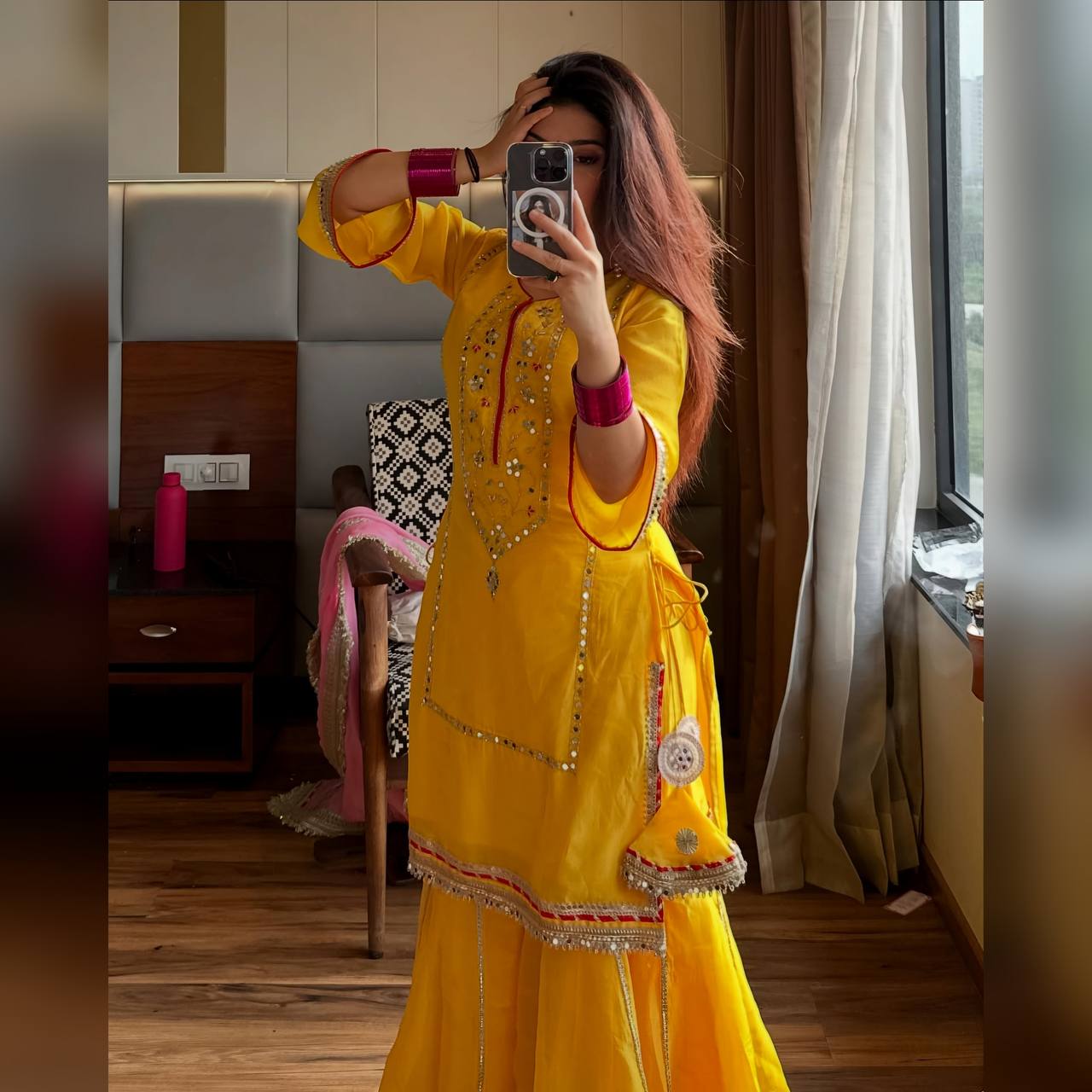 Yellow Designer Chinon Silk Sharara Suit with Heavy Sequins & Zari Embroidery, Dupatta