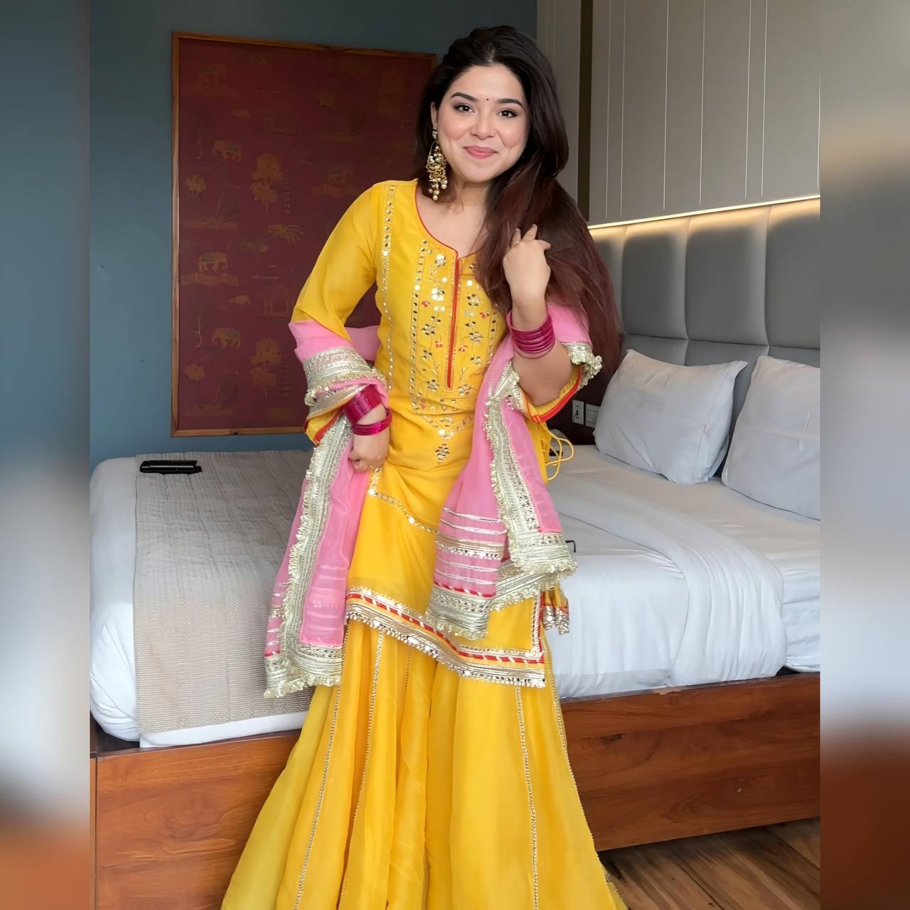 Yellow Designer Chinon Silk Sharara Suit with Heavy Sequins & Zari Embroidery, Dupatta