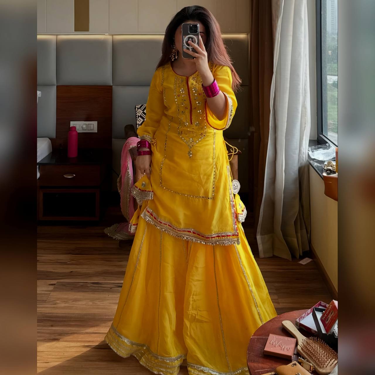 Yellow Designer Chinon Silk Sharara Suit with Heavy Sequins & Zari Embroidery, Dupatta
