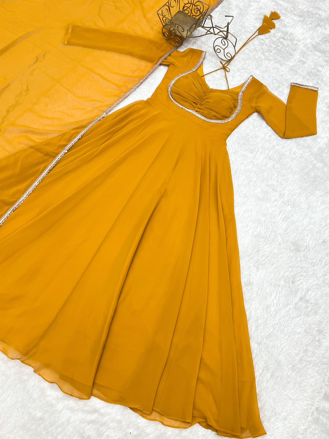 Yellow Designer Dori Neck Kurti Set
