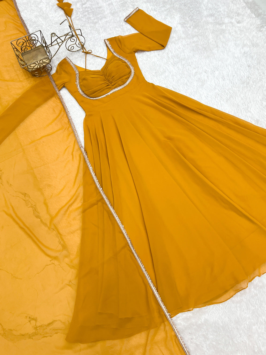 Yellow Designer Dori Neck Kurti Set