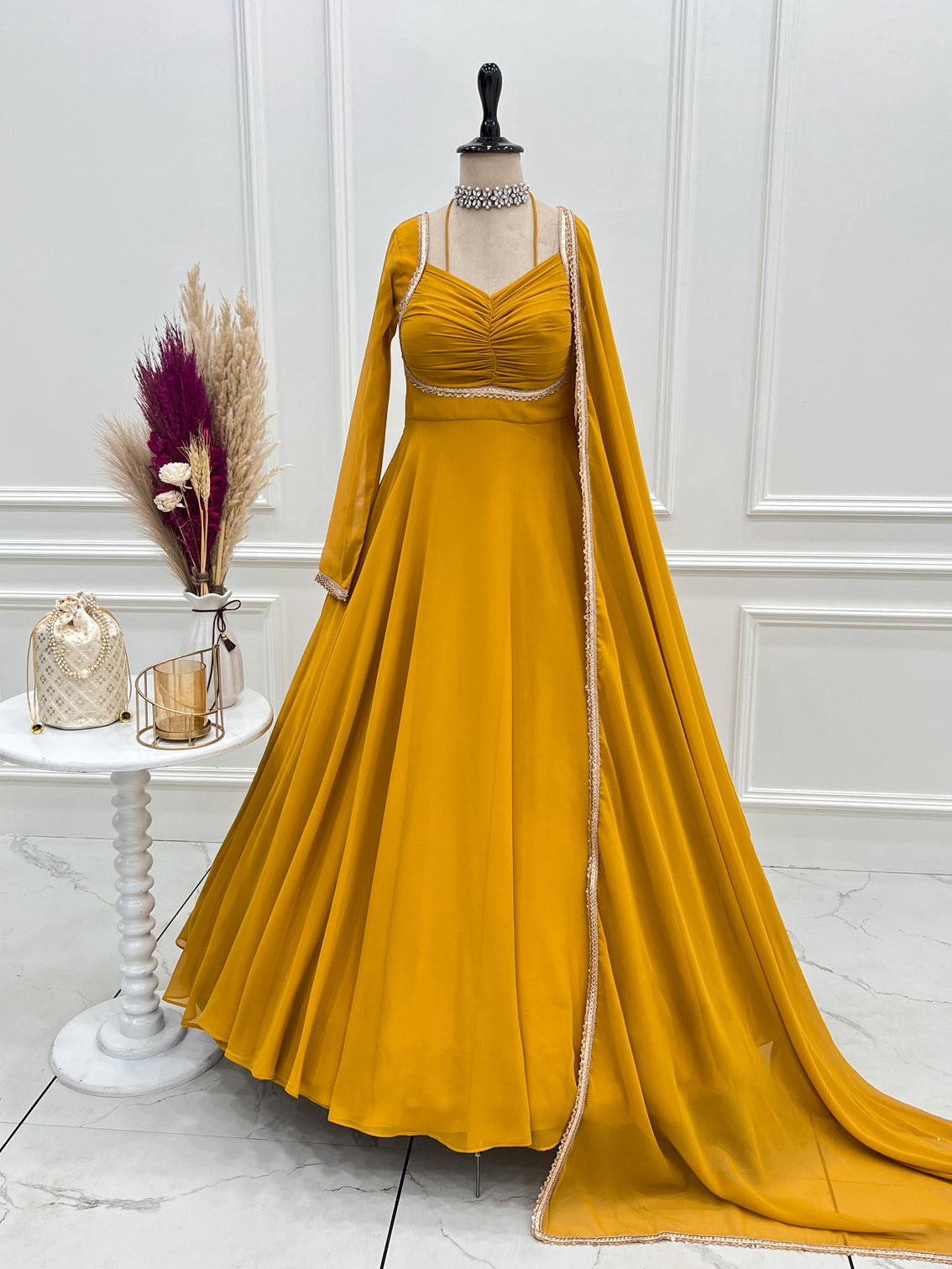 Yellow Designer Dori Neck Kurti Set