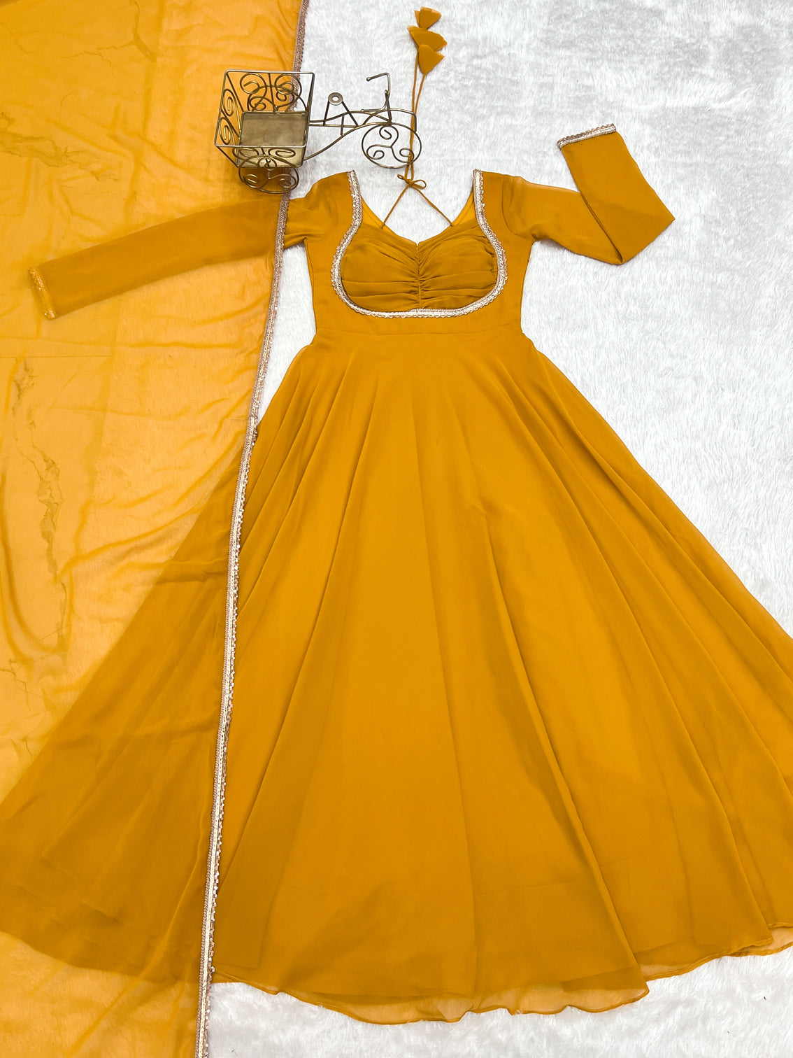 Yellow Designer Dori Neck Kurti Set