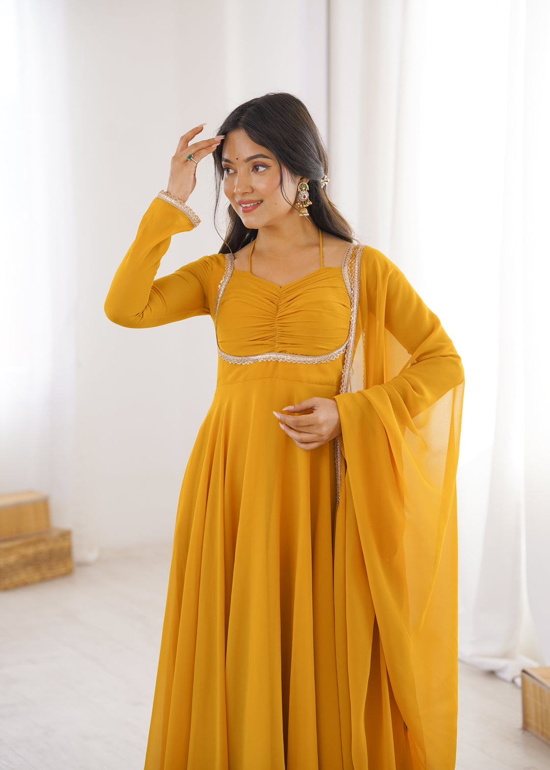 Yellow Designer Dori Neck Kurti Set