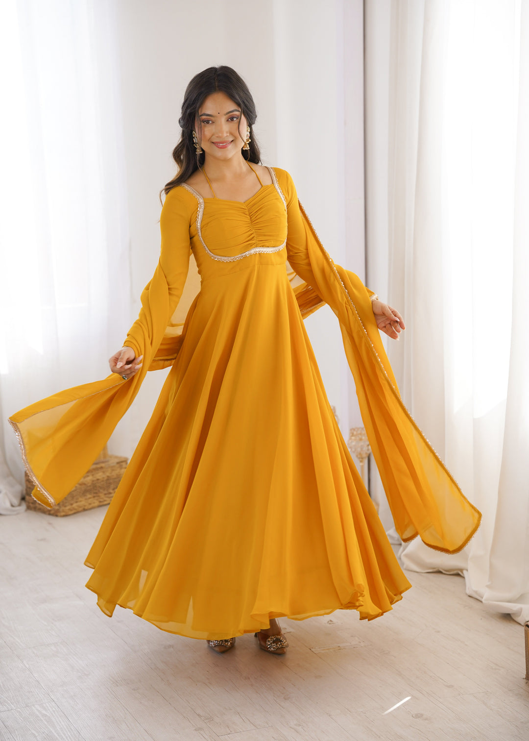 Yellow Designer Dori Neck Kurti Set