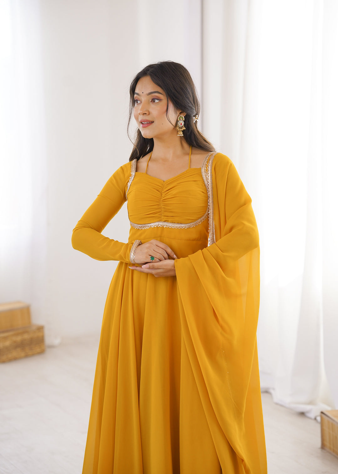 Yellow Designer Dori Neck Kurti Set