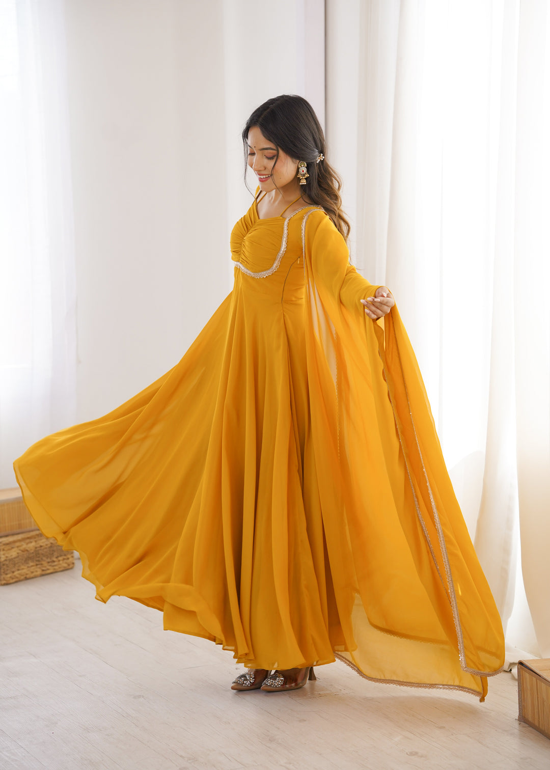 Yellow Designer Dori Neck Kurti Set