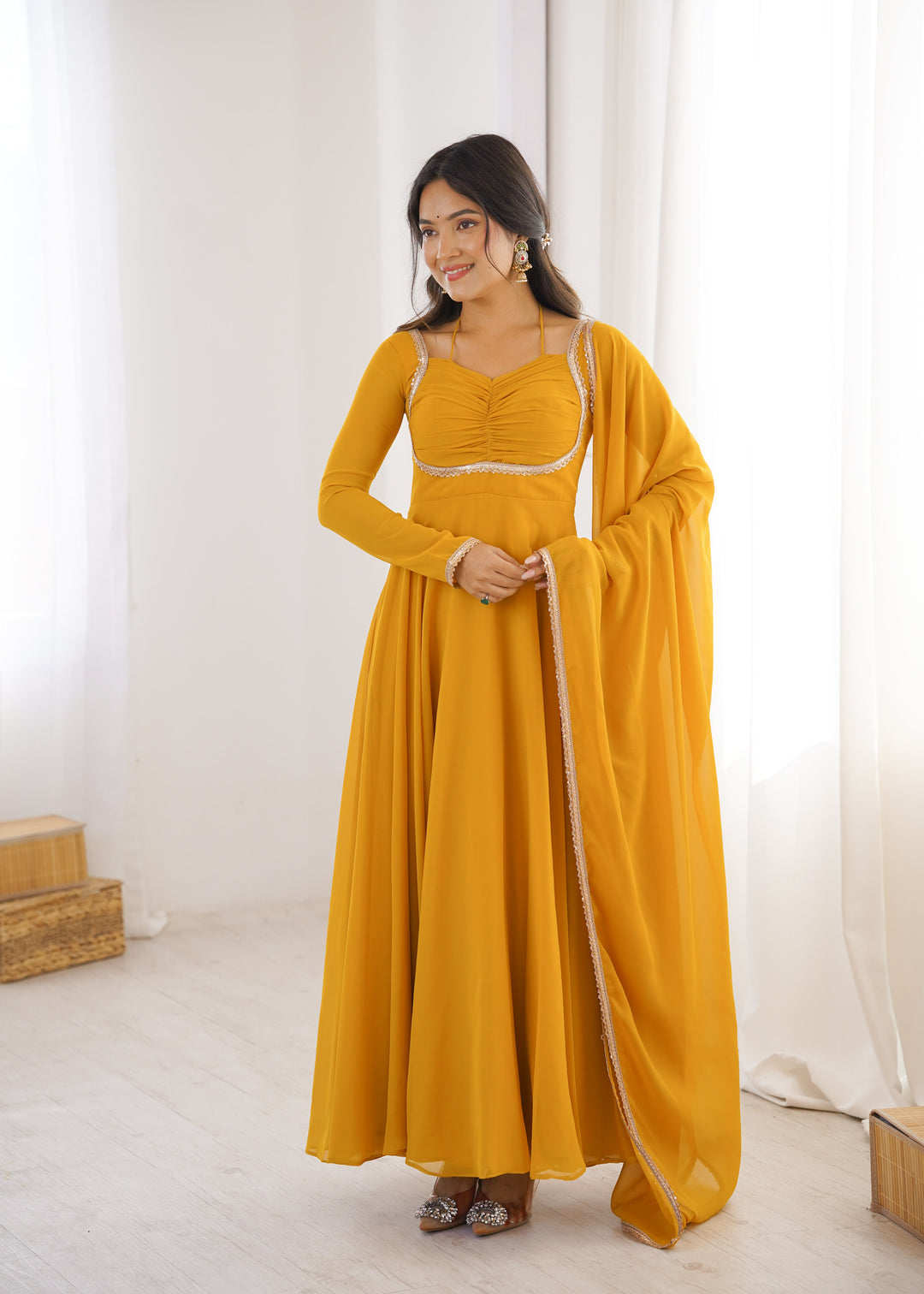 Yellow Designer Dori Neck Kurti Set