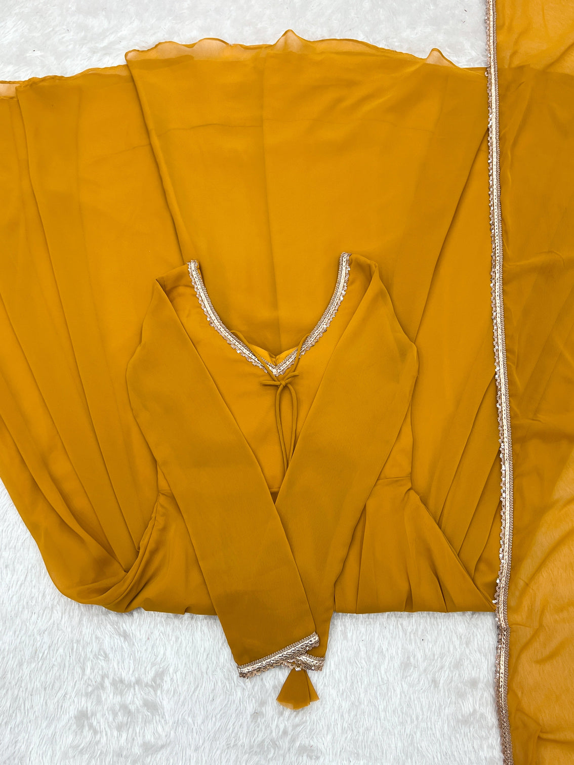 Yellow Designer Dori Neck Kurti Set