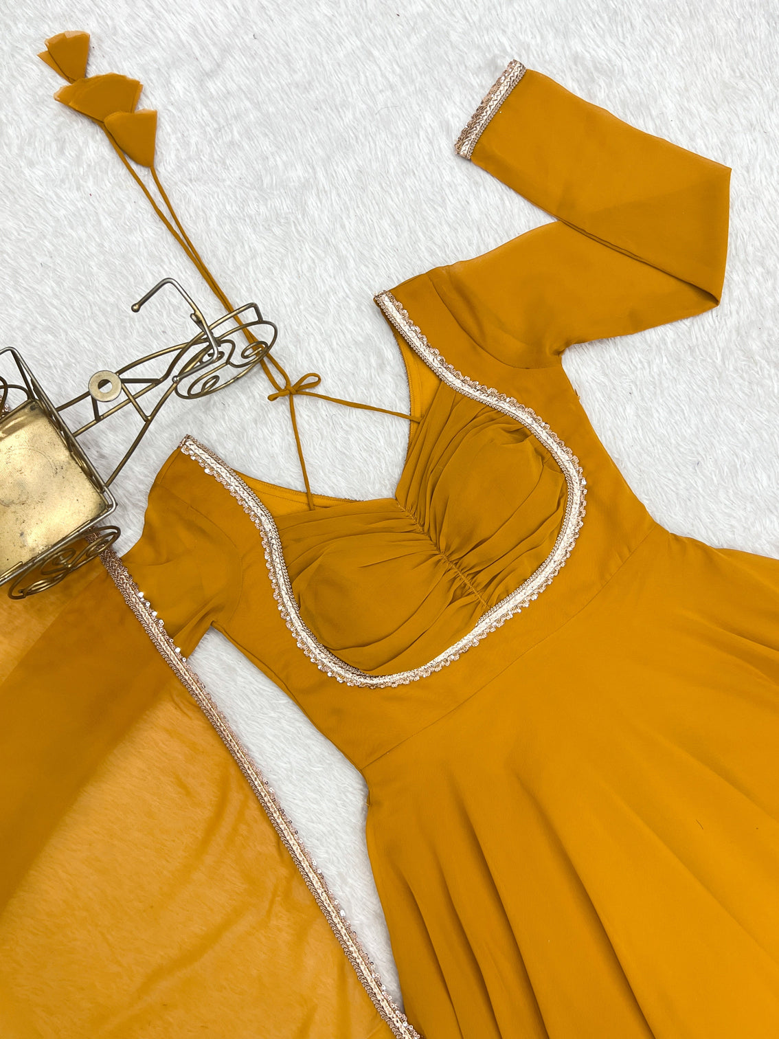 Yellow Designer Dori Neck Kurti Set