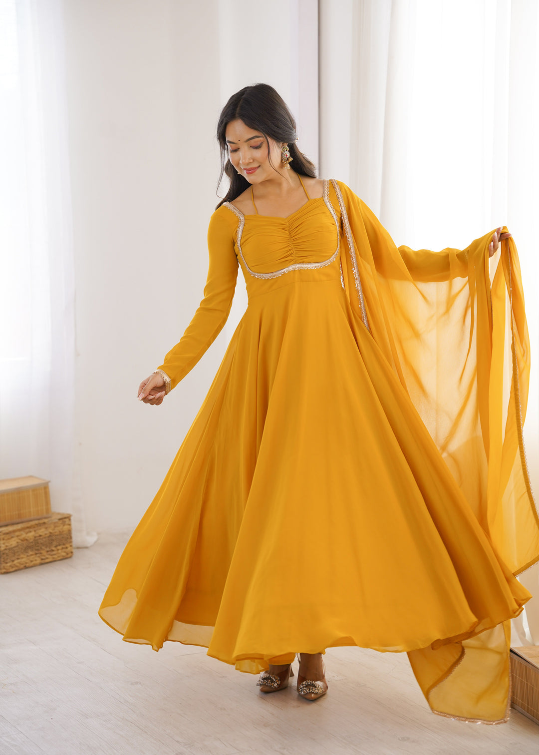 Yellow Designer Dori Neck Kurti Set