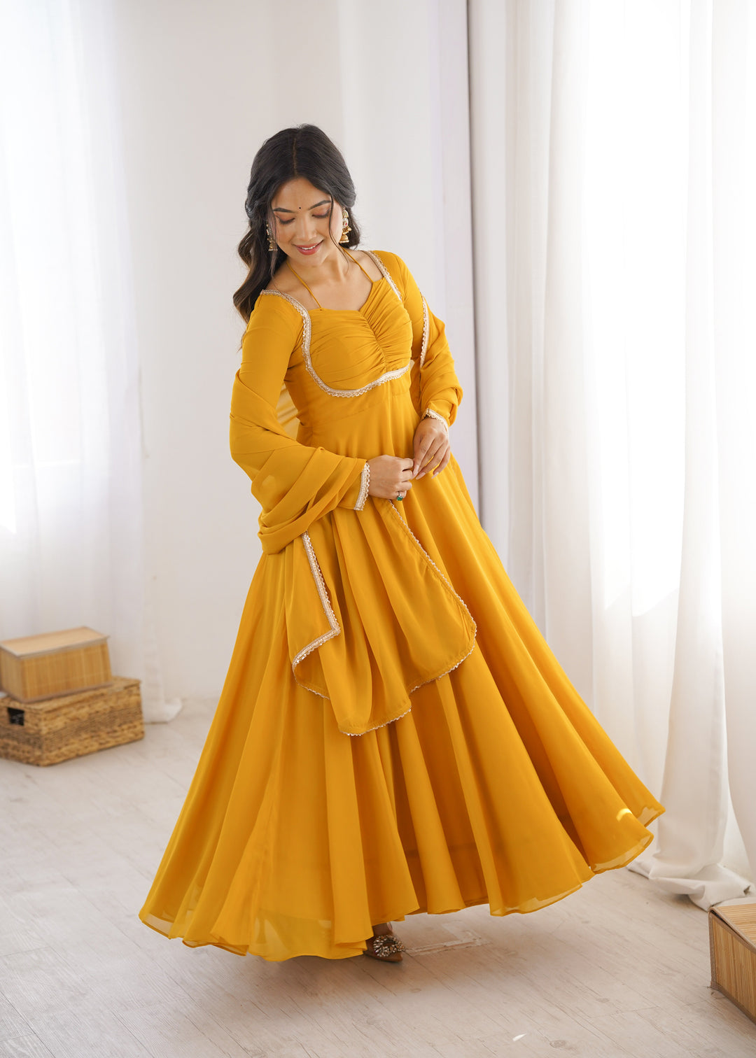 Yellow Designer Dori Neck Kurti Set
