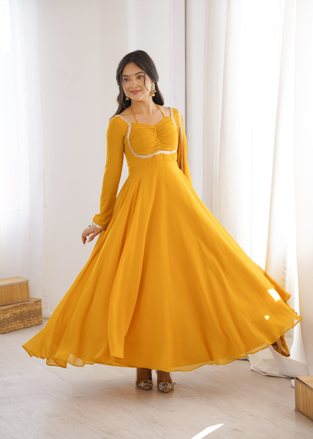 Yellow Designer Dori Neck Kurti Set