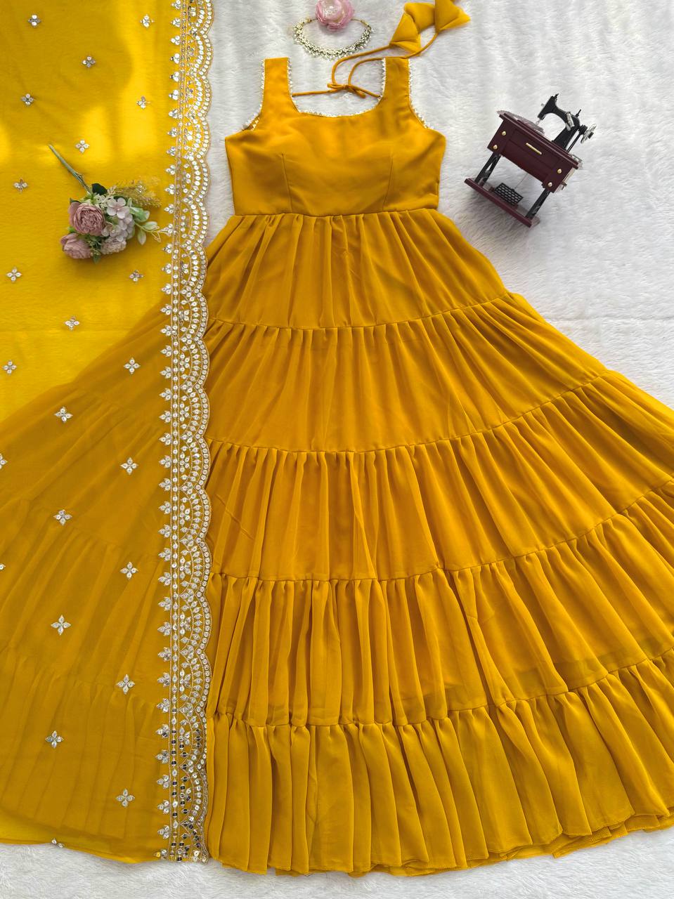 Yellow Designer Faux Georgette Anarkali Suit with Full Flair & Lace Border Dupatta –Stitched