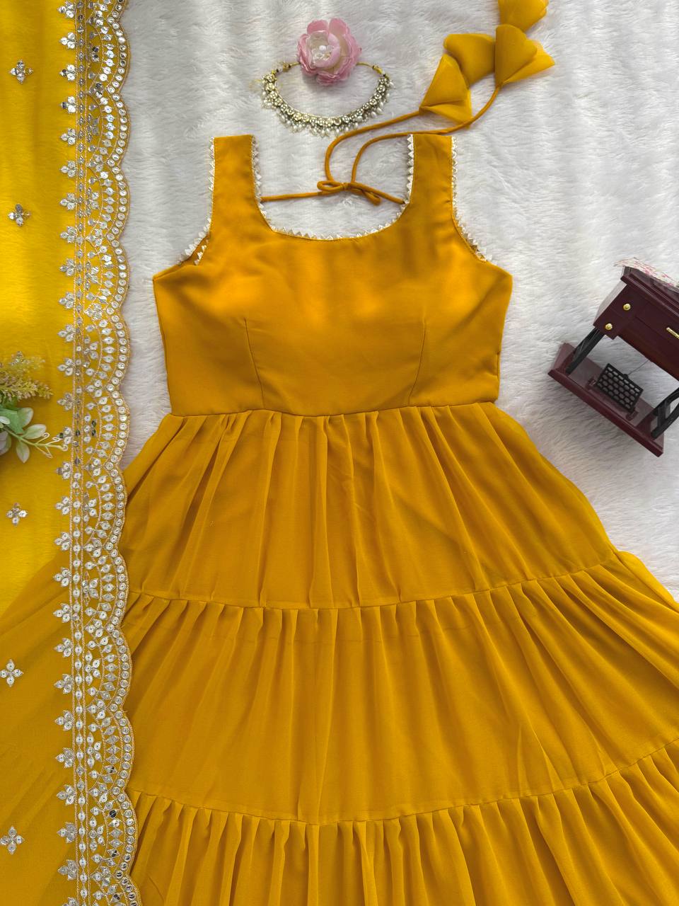 Yellow Designer Faux Georgette Anarkali Suit with Full Flair & Lace Border Dupatta –Stitched