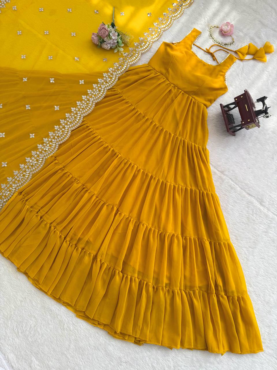 Yellow Designer Faux Georgette Anarkali Suit with Full Flair & Lace Border Dupatta –Stitched