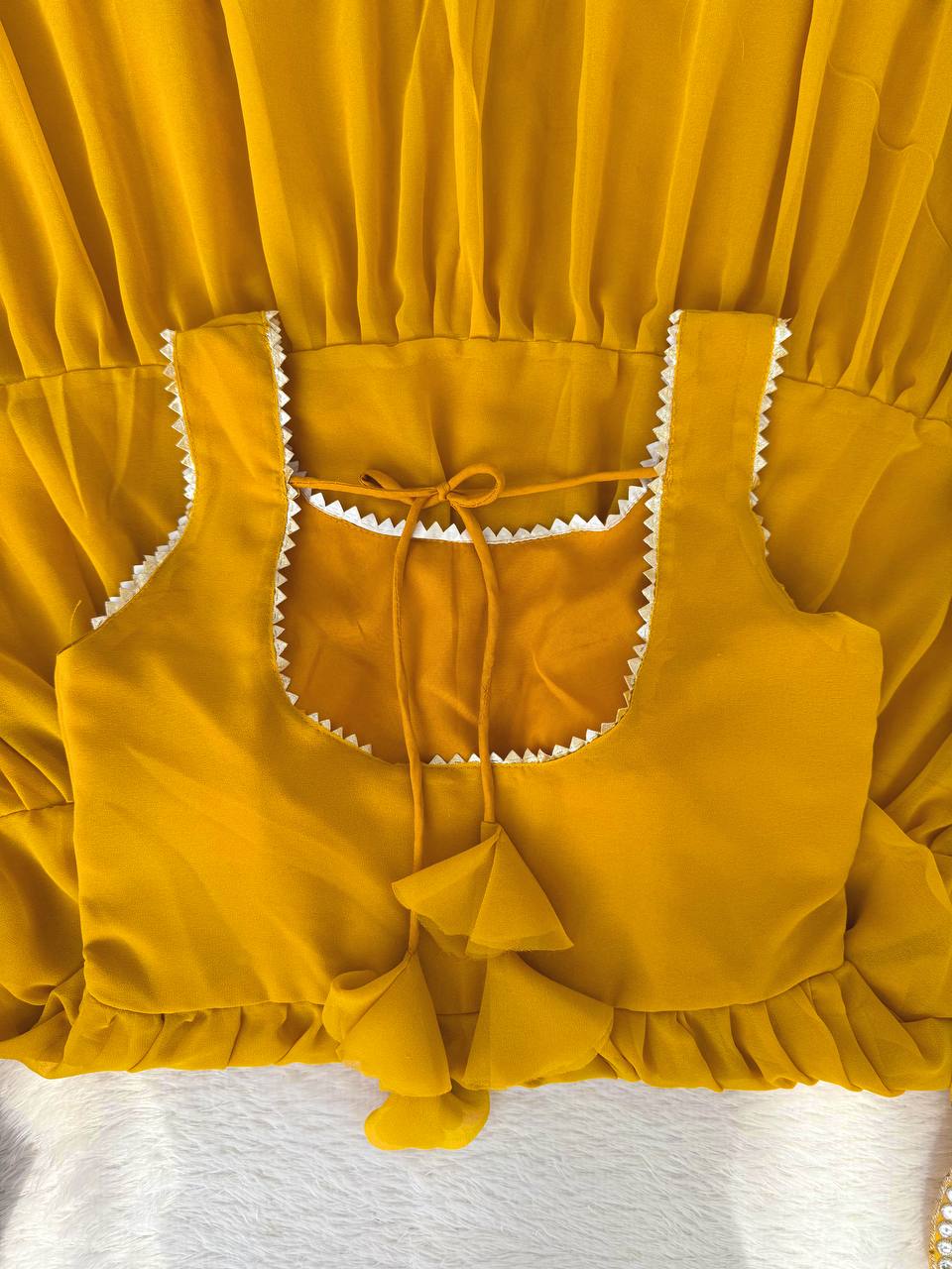 Yellow Designer Faux Georgette Anarkali Suit with Full Flair & Lace Border Dupatta –Stitched